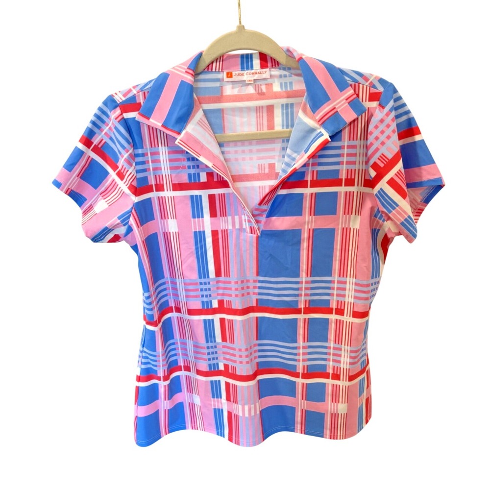 NWOT Jude Connally Collared Shirt Preppy Pink Blue Plaid Jude Cloth Athleisure